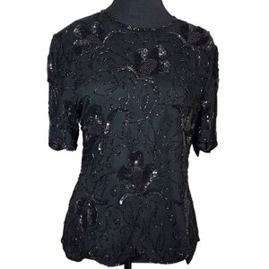 Stenay Black Beaded Floral Silk Blouse With Scalloped Sleeves And Hem Size Small
